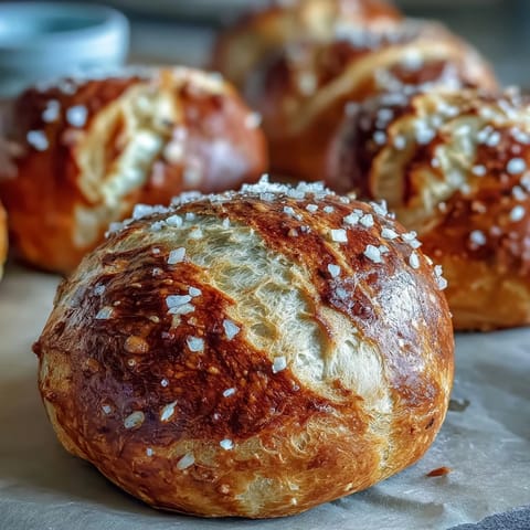 Pan de pretzel fácil cubierto de sal marina gruesa al salir del horno.