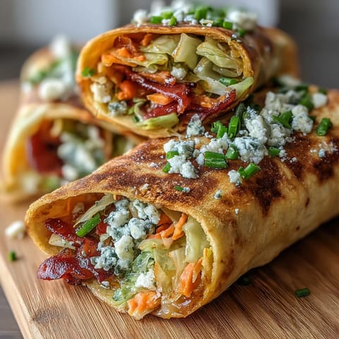 Sabrosos wraps de col búfalo vegetarianos con vegetales picantes y aderezo cremoso.