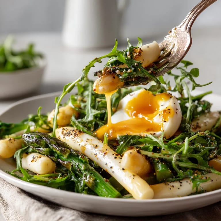 Plato de ensalada de espárragos con huevo y espinacas.