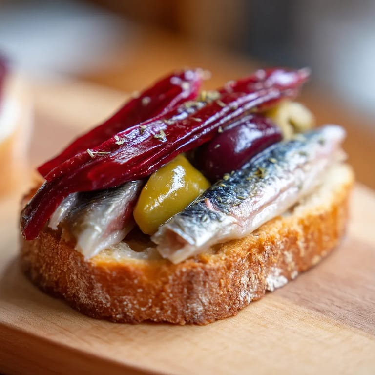 Un pintxo de atún marinado con aceite de oliva y pimiento.