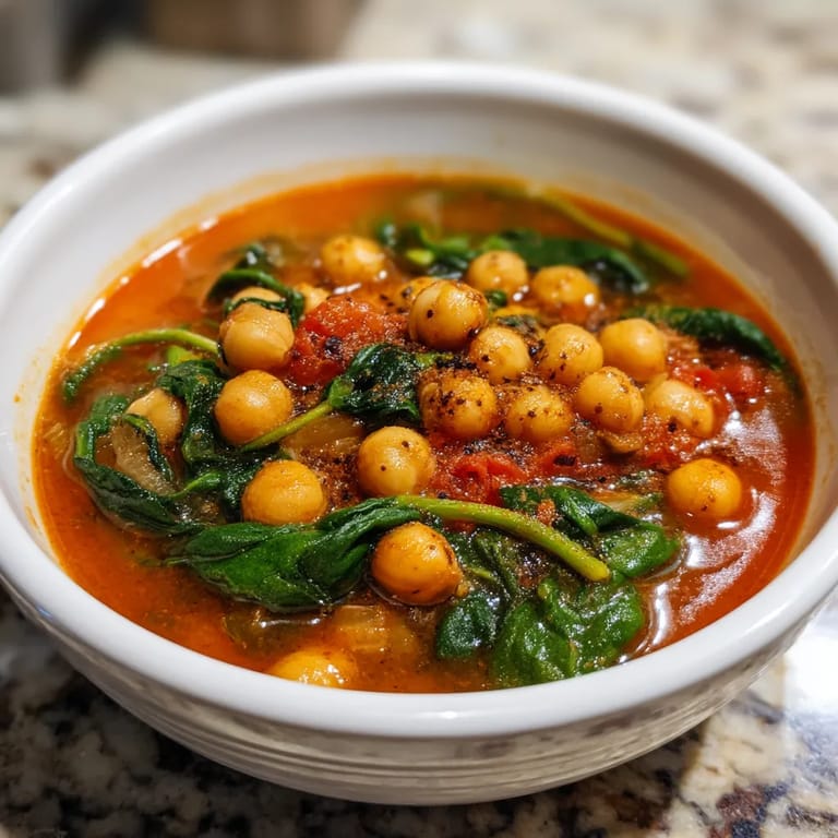 Un bol de sopa de garlic con espinacas y chickpeas.