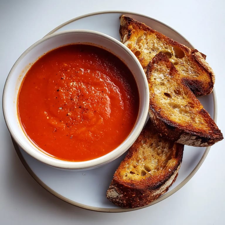 Una taza de sopa de tomate y pimiento rojo con pan tostado.