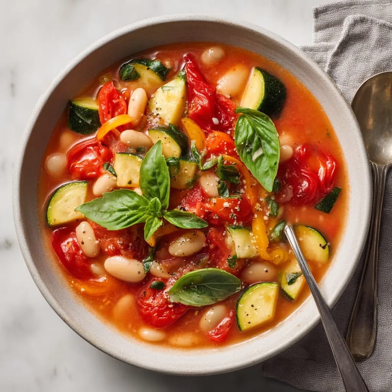Un plato de sopa con tomate y guisantes.