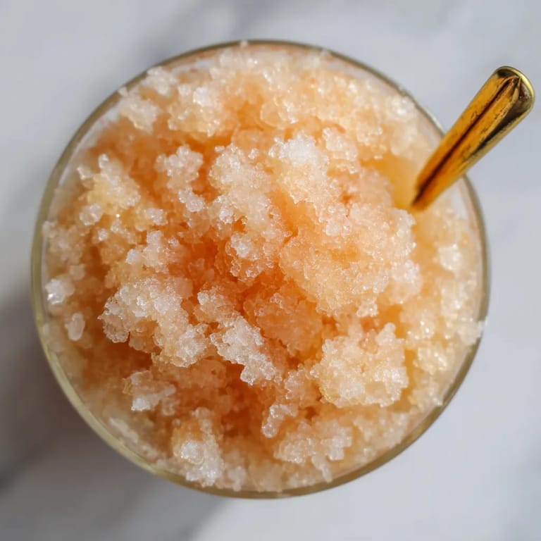 Un vaso de granita de frutas con una cuchara dorada.