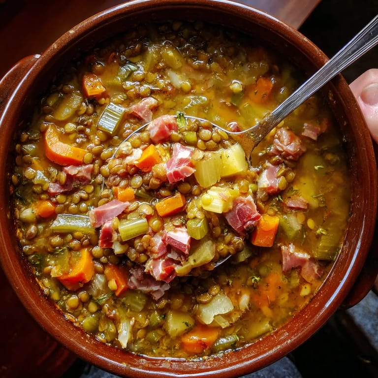 Rustic lentil soup with jamon.