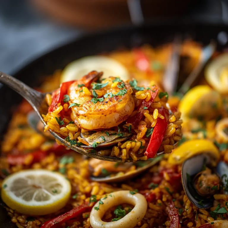 Seafood Paella con limón y hierbas.