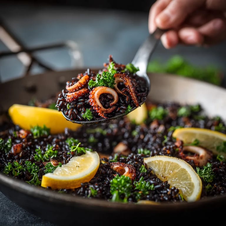Un plato de arroz negro con calamares.