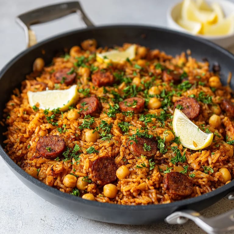 Un plato de arroz con chorizo y garbanzos.