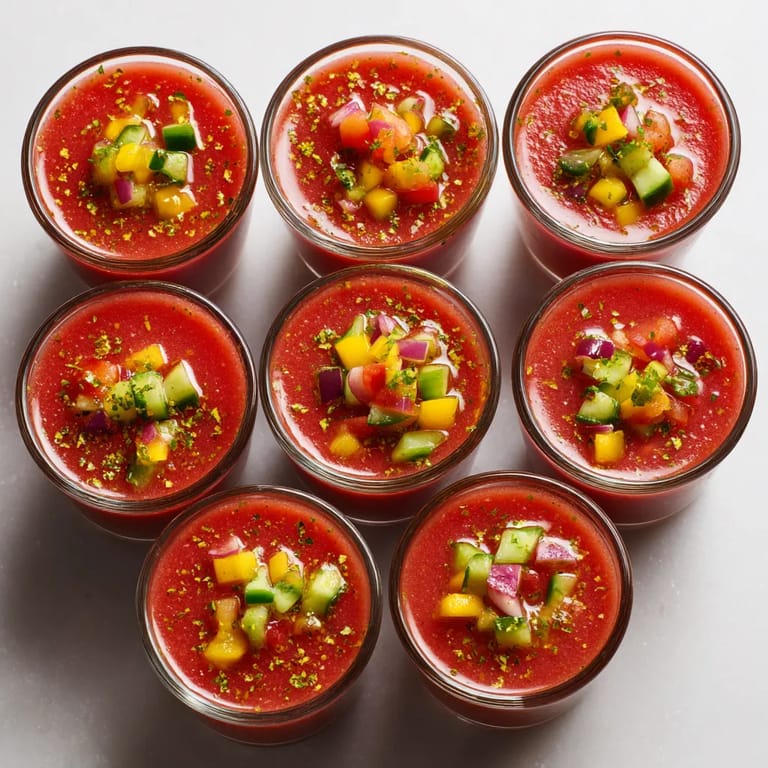 Cold gazpacho shots with olive oil.