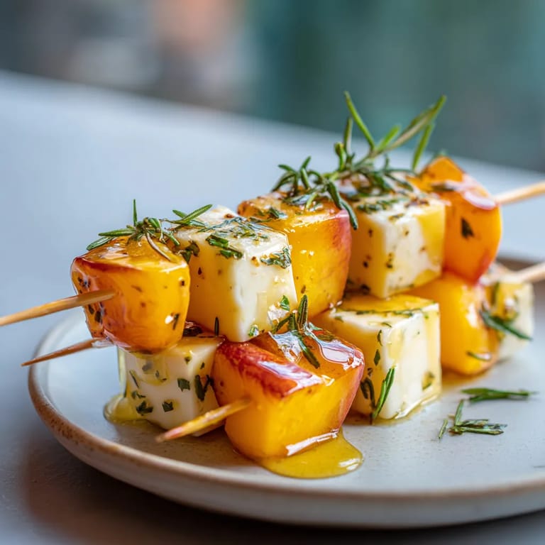 Skewers de manzana y queso con hierbas y miel.