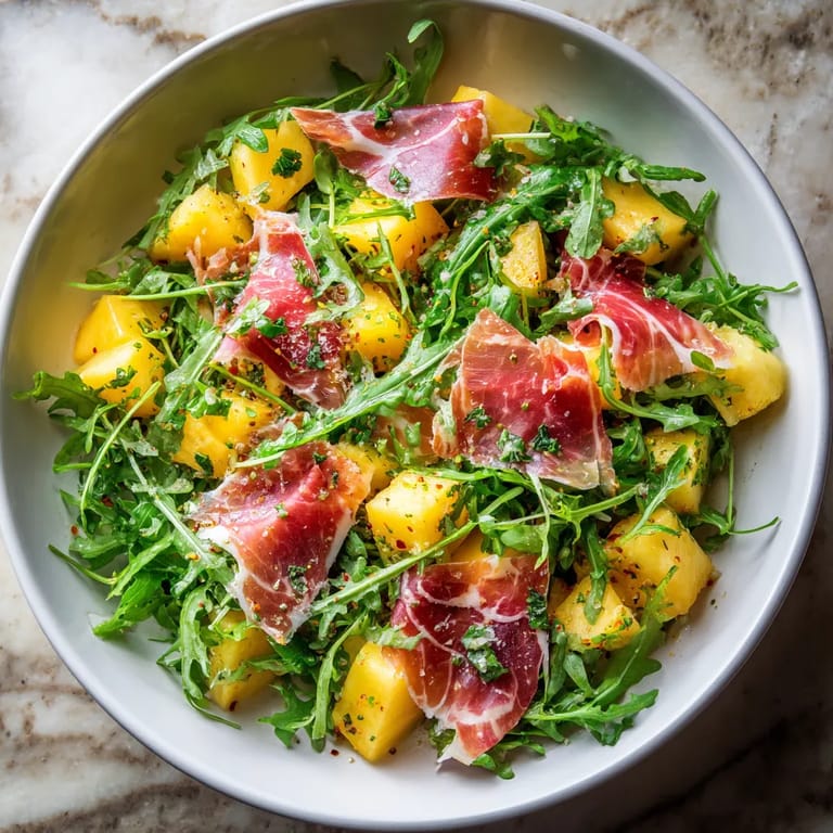 Salade de melon, roquette y coppa.