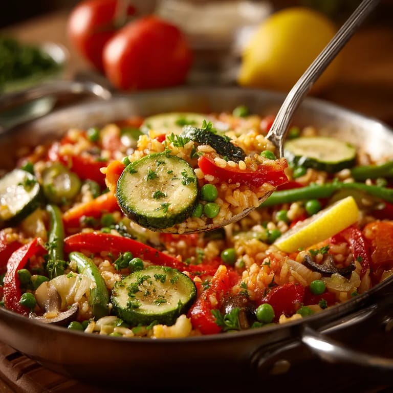 Paella de verduras con verduras frescas y especias.
