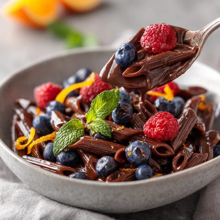 Una porción de pasta con chocolate y arándanos.