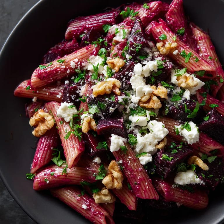 Penne con chocolate oscuro y remolacha tostada.
