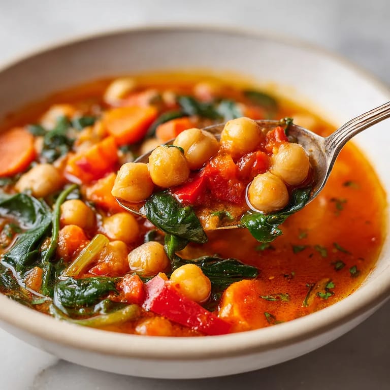 Un bol de sopa de garbanzos con espinacas y pimentón.