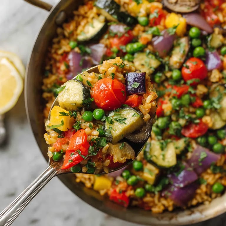Un plato de arroz con verduras y tomates.