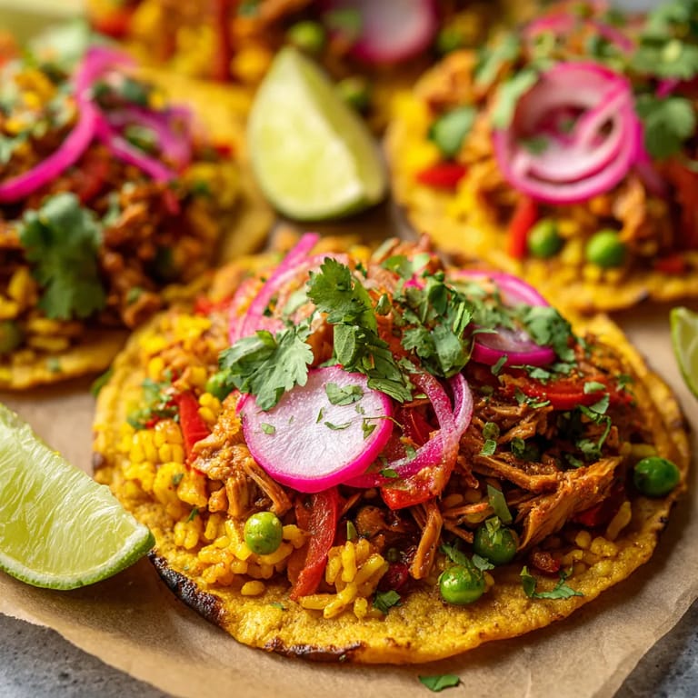 Tostadas con carne y verduras.