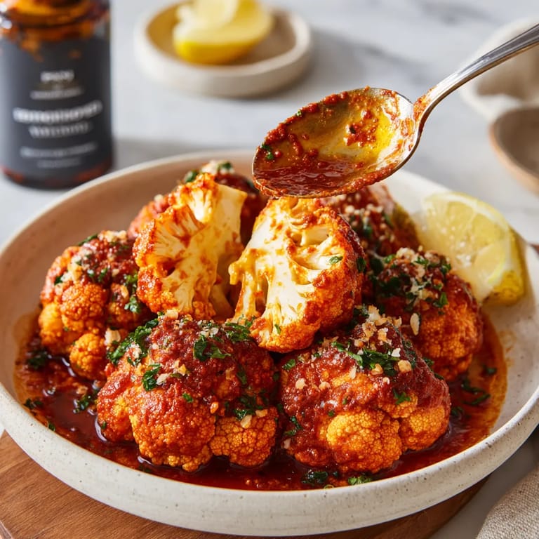 Romesco Cauliflower \"Wings\" en un plato.
