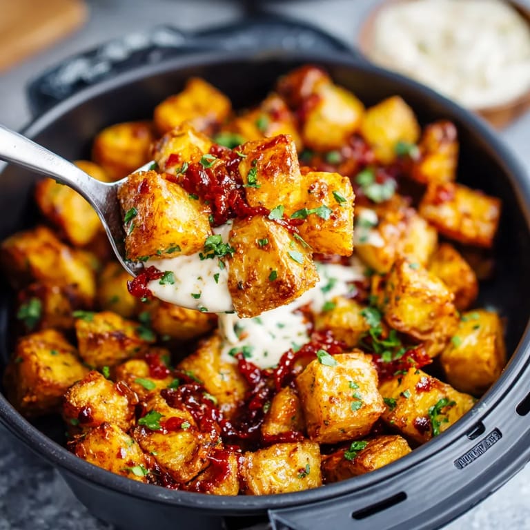 Patatas fritas con salsa y cebolla.