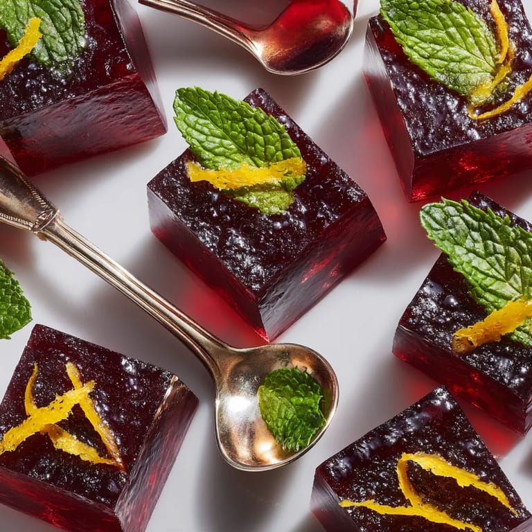 Tinto de verano cubos de jello con hojas de menta y naranja.