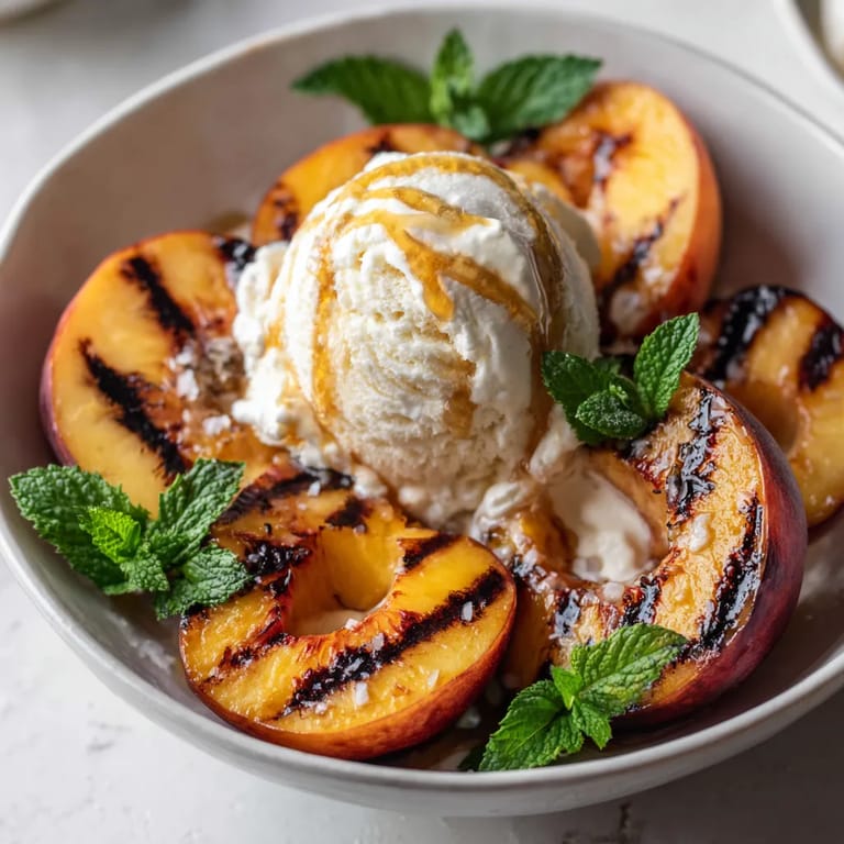 Grilled peaches con hielo de vainilla y miel.