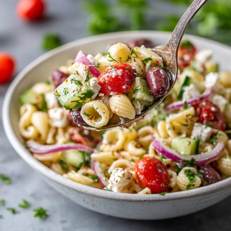 Una cacerola llena de pasta salada con verduras y tomates.