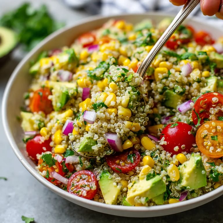 Un bol de salada con quinoa, tomates, cebolla, pepino y aguacate.