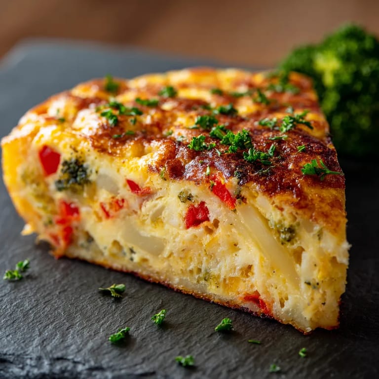 Tortilla de patatas revisitada con pimientos y cebolla.