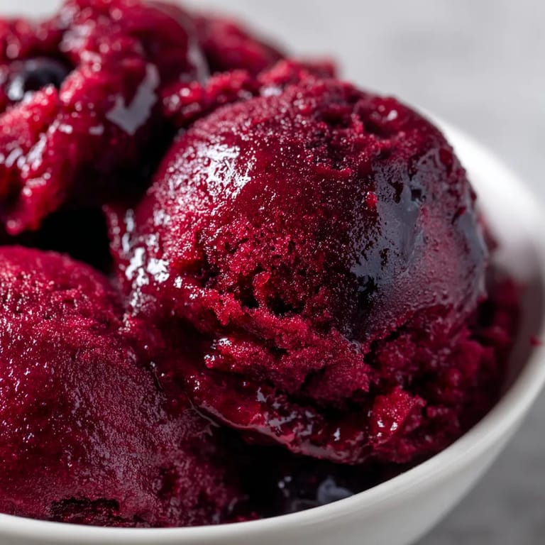 Un bol de sorbet rojo con chispas de frutas.