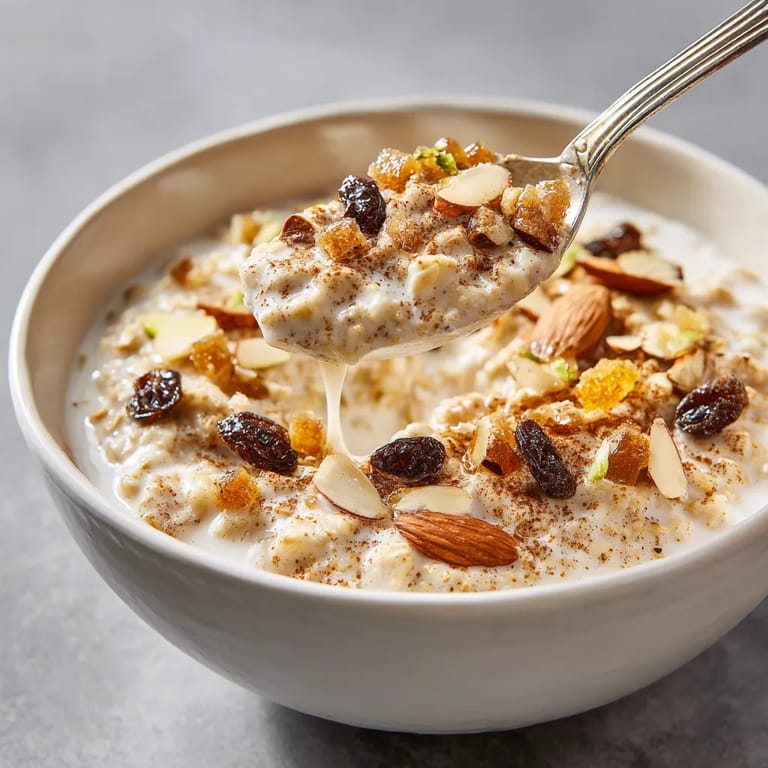 Un bol de arroz con leche con trozos de almendras y nueces.