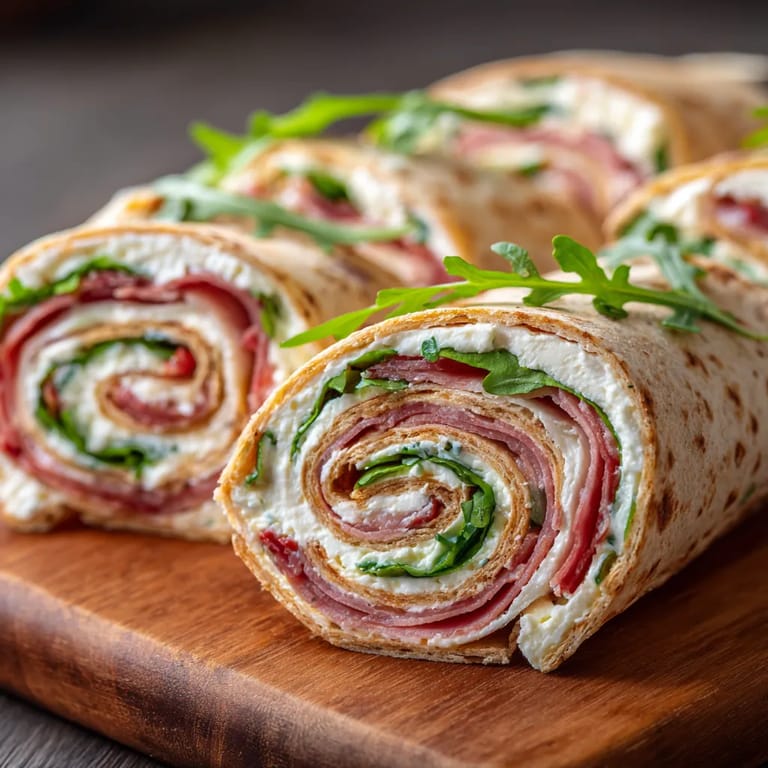 Rollitos de tortilla de trigo con jamón y queso.