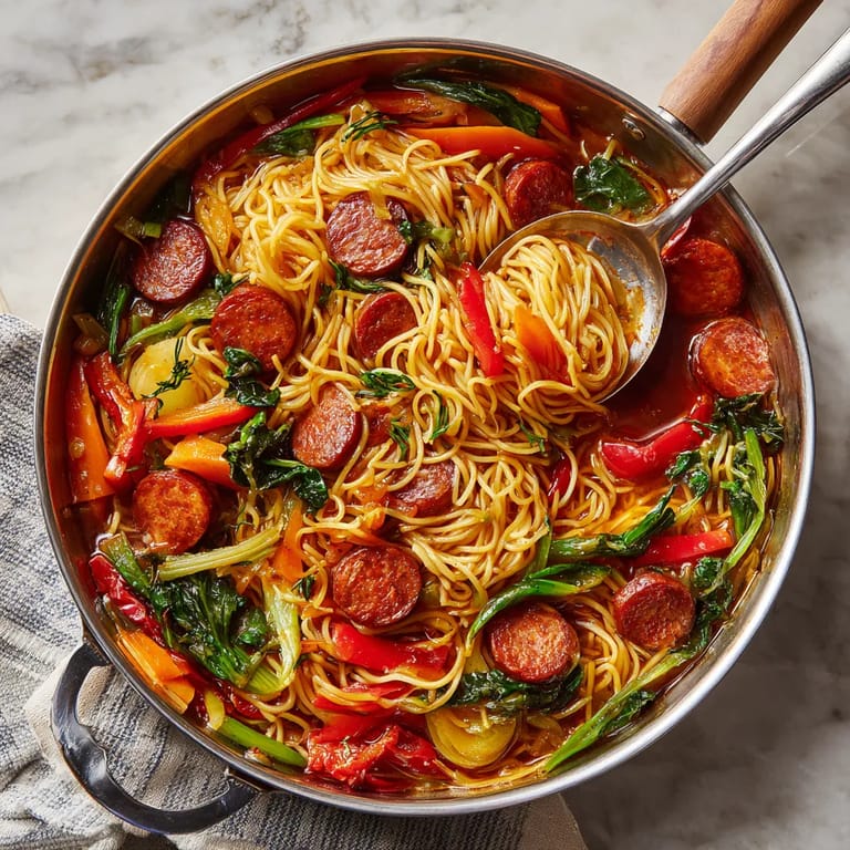 Una cazuela llena de fideos a la cazuela con chorizo y verduras.