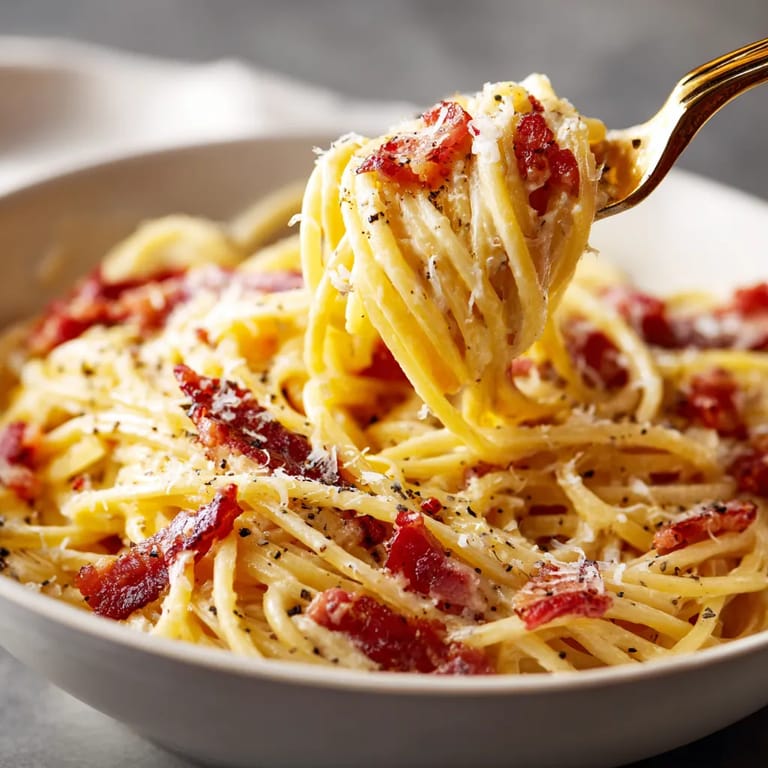 Una porción de salsa carbonara con huevo y bacon.