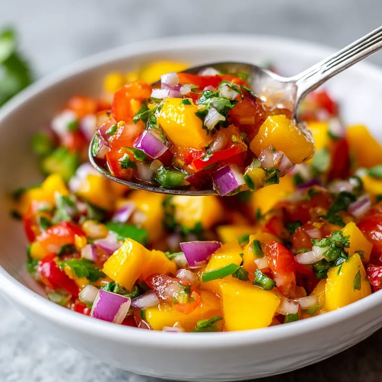 Un bol de salsa de mango con una cuchara hincada en ella.