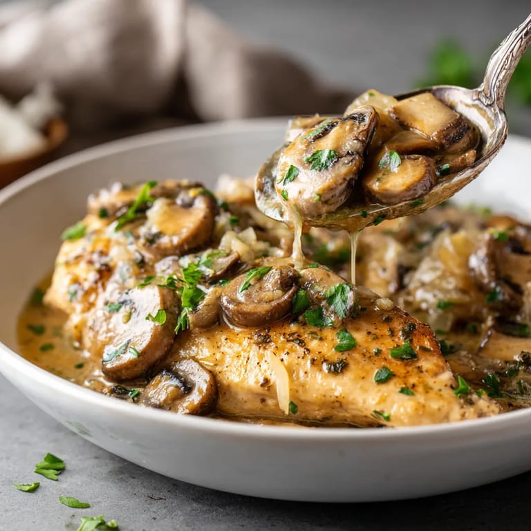 Pechuga de pollo en salsa de champiñones.