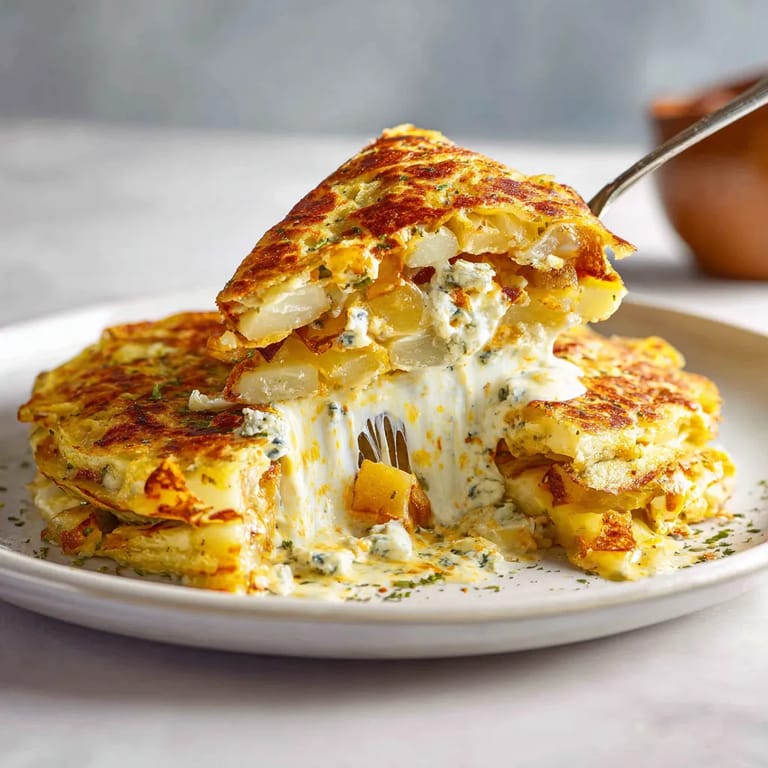 Una tortilla con queso azul y verduras.