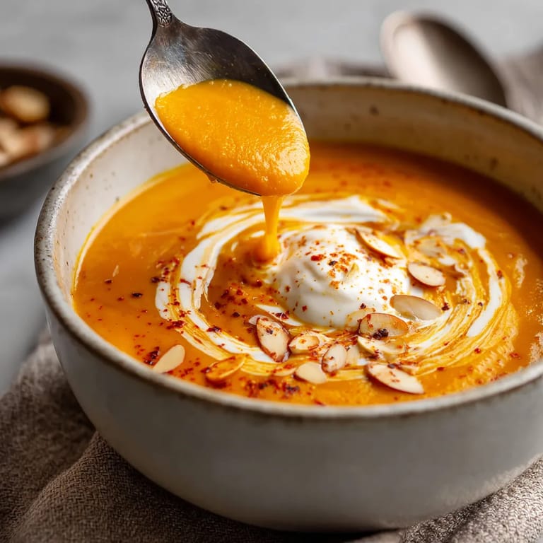 Una porción de sopa de calabaza con especias y crema.