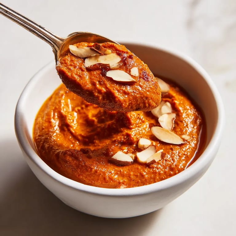 Una porción de Romesco con almendras tostadas y peras asadas.