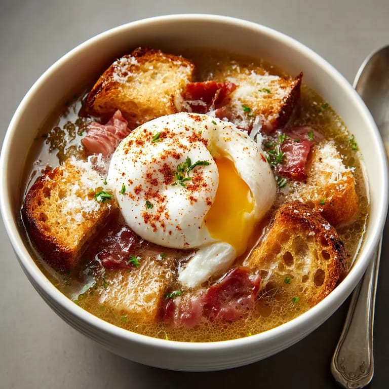 Sopa castellana rápida con huevo escalfado.