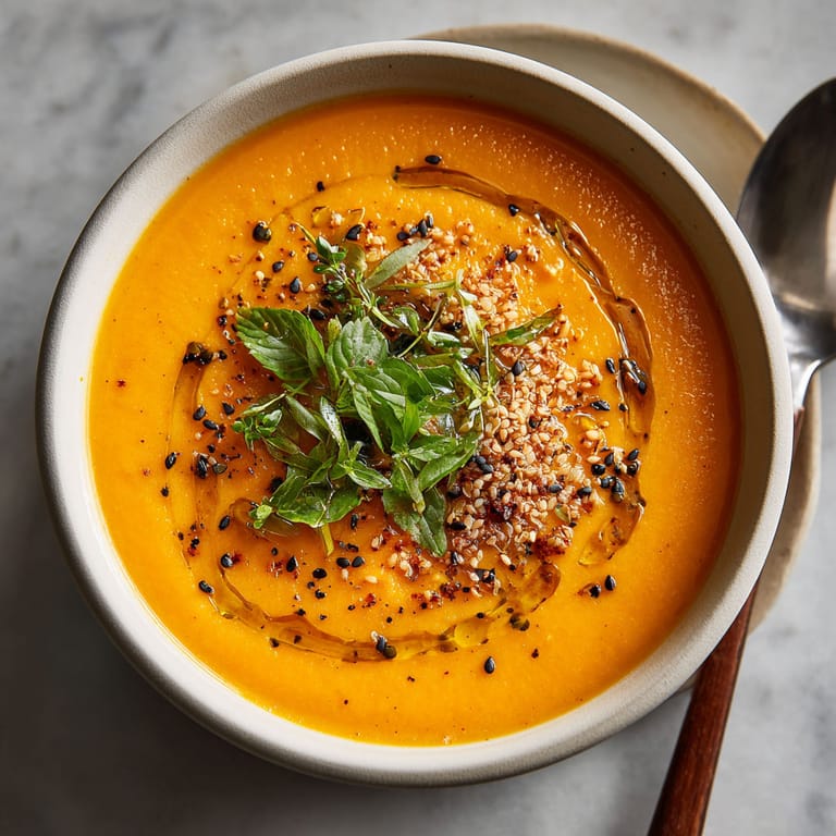 A bowl of soup with a spoon in it.