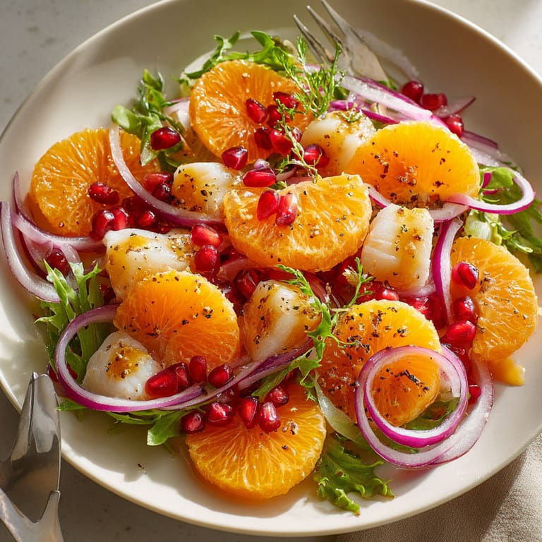 A plate of food with oranges, onions, and shrimp.