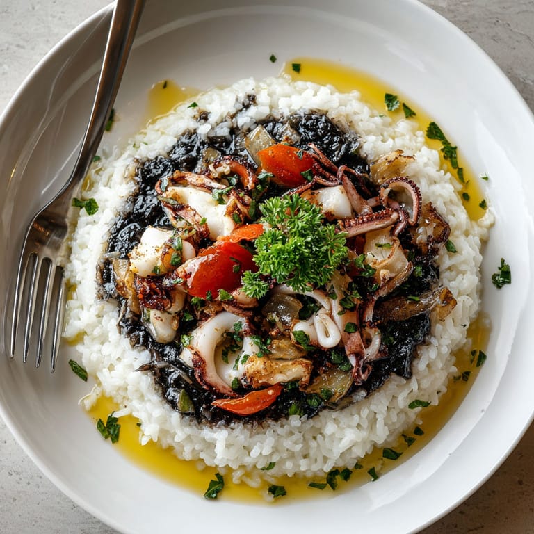 A plate of food with rice and seafood.