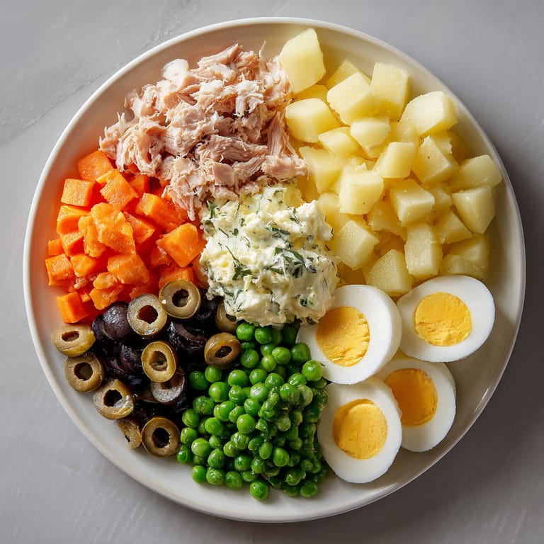 A plate of food with eggs, potatoes, peas, and carrots.
