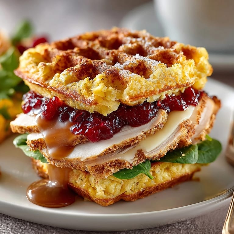 Masa de gofre de relleno para sándwiches de sobras de Acción de Gracias en una plancha caliente.