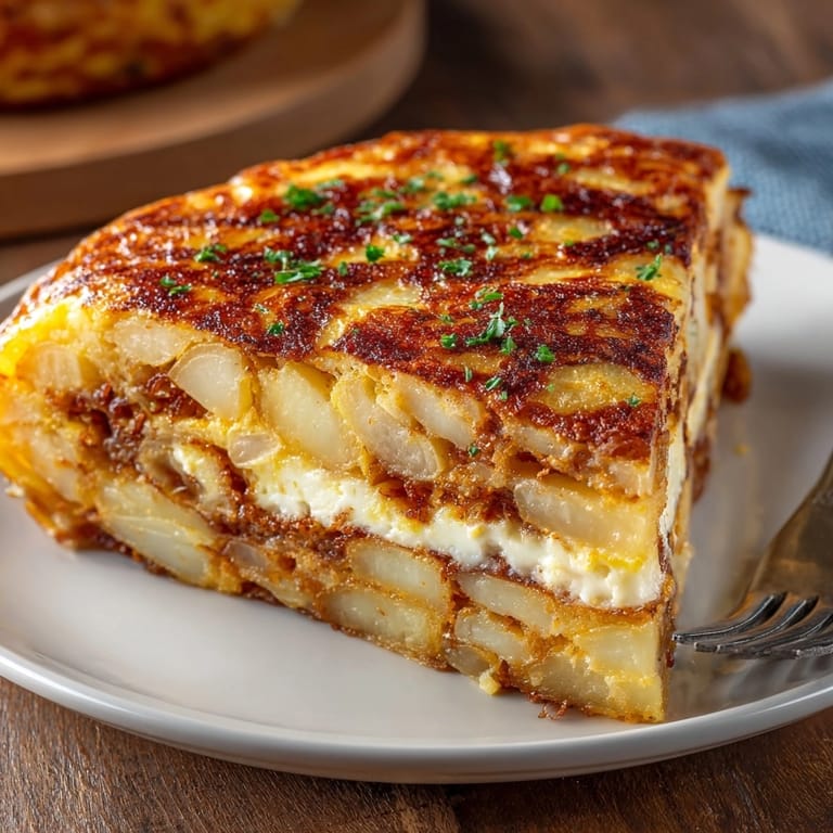 Tortilla Española recién hecha, con patatas tiernas, ideal para una comida española casera auténtica.
