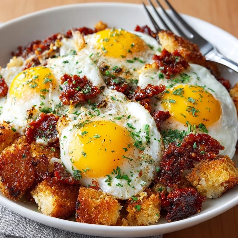 Migas de pastor: Trozos de pan fritos se combinan con chorizo, panceta y huevos fritos.