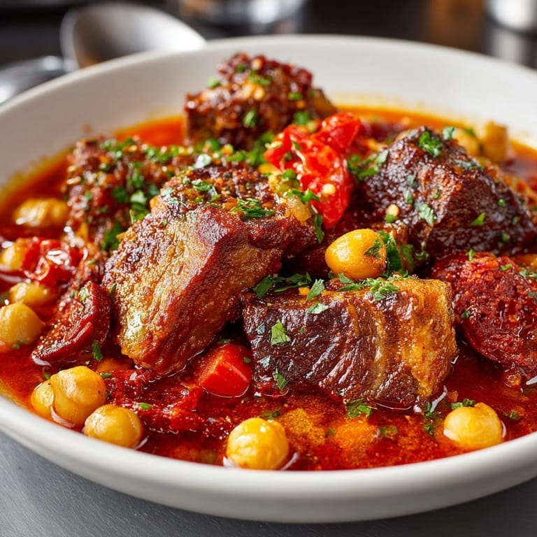 Callos a la Madrileña: receta tradicional española rebosante con chorizo y morcilla.