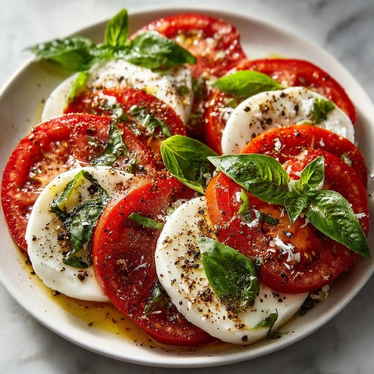 Deliciosa Ensalada Caprese: tomate rojo maduro, queso mozzarella blanco y albahaca intensamente verde.
