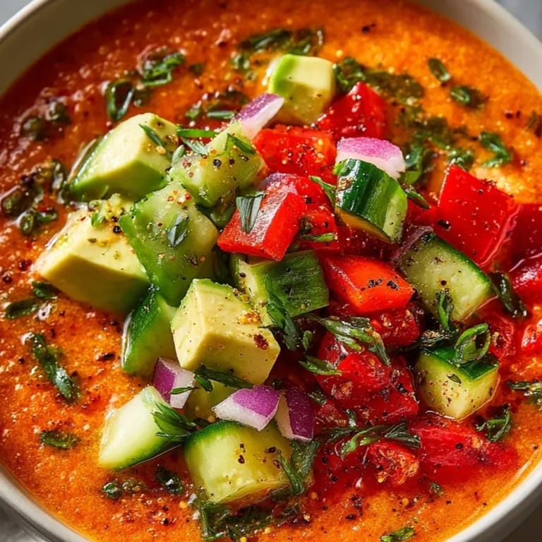 Gazpacho Twist casero: verduras rojas y verdes mezcladas en una sopa veraniega rápida.