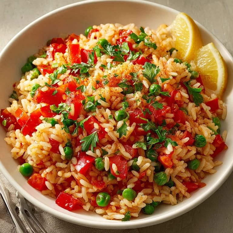 Delicioso arroz español clásico, ideal para una cena vegetariana fácil y reconfortante.
